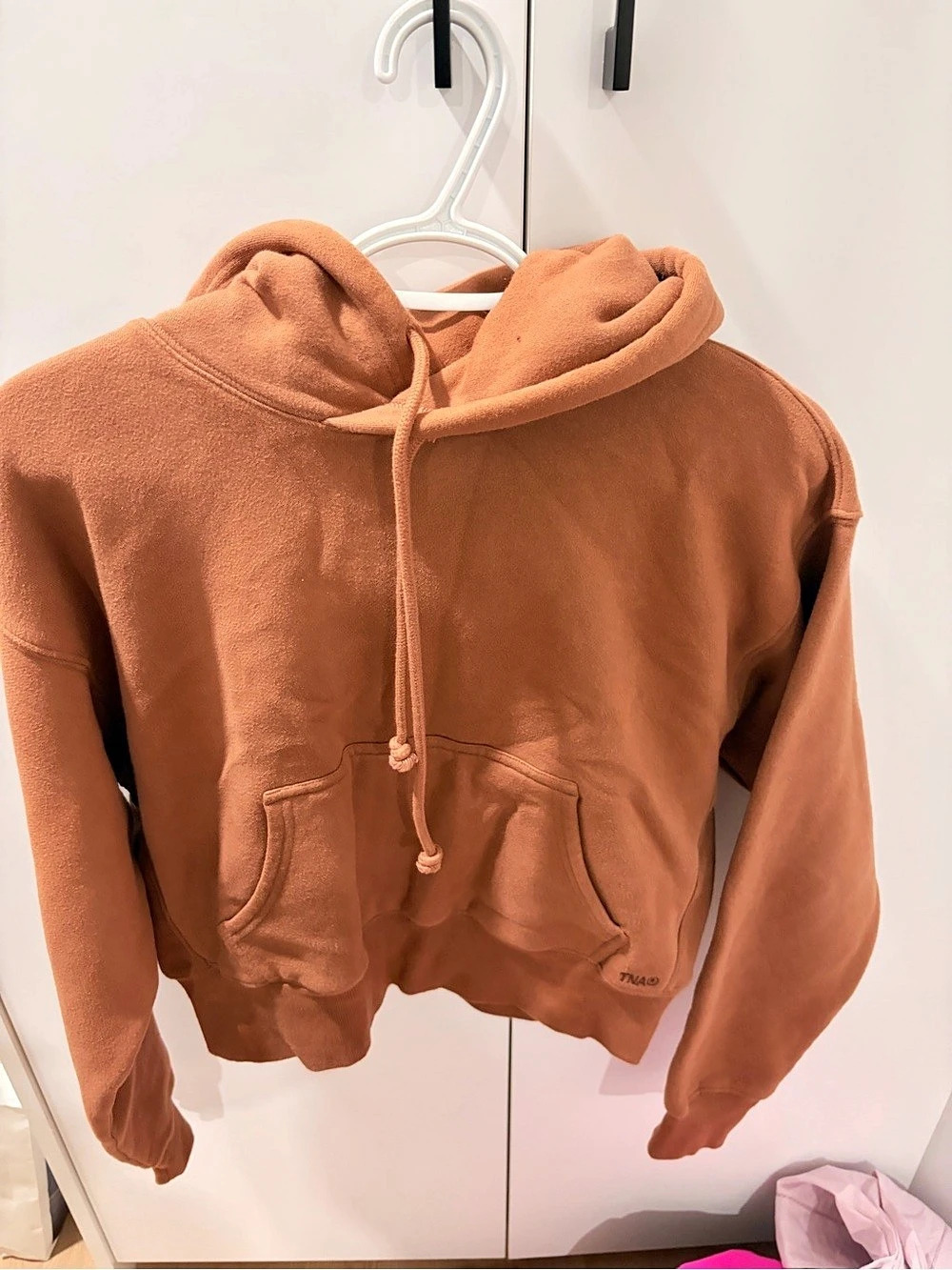 TNA Sweatfleece Cozy Fleece Cropped Hoodie in Brown Like New